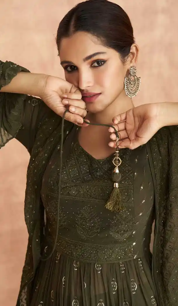Mehendi Color Real Georgette Designer Party Wear 3 Pc Readymade Suit -2404138910