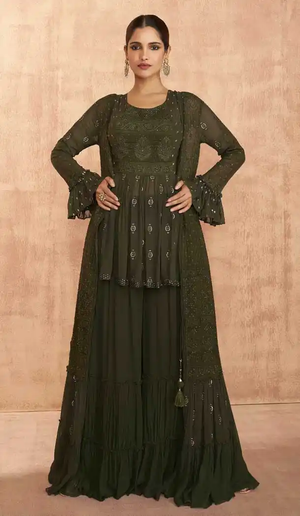 Mehendi Color Real Georgette Designer Party Wear 3 Pc Readymade Suit -2404138910