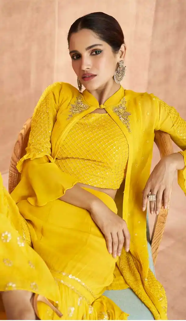 Yellow Color Real Georgette Designer Party Wear 3 Pc Readymade Suit -2404138911