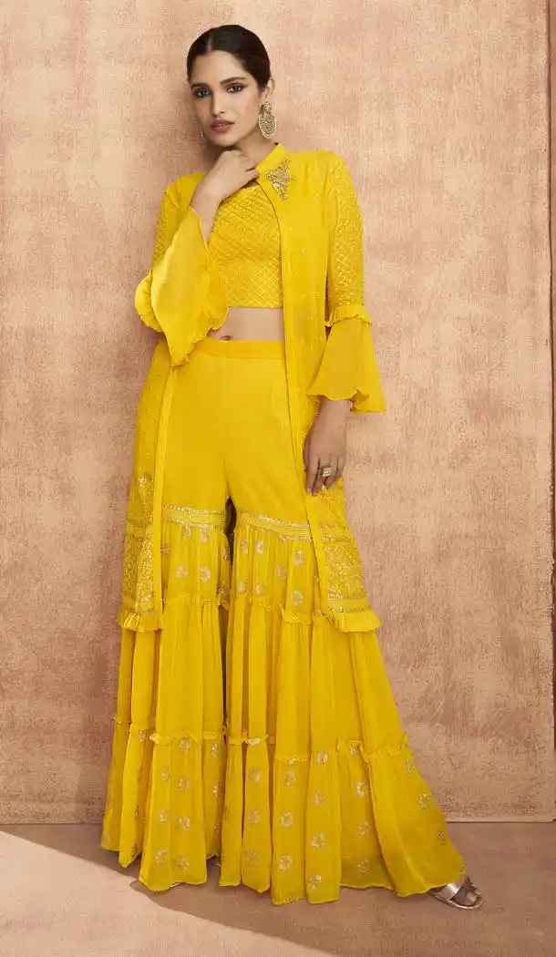 Yellow Color Real Georgette Designer Party Wear 3 Pc Readymade Suit -2404138911