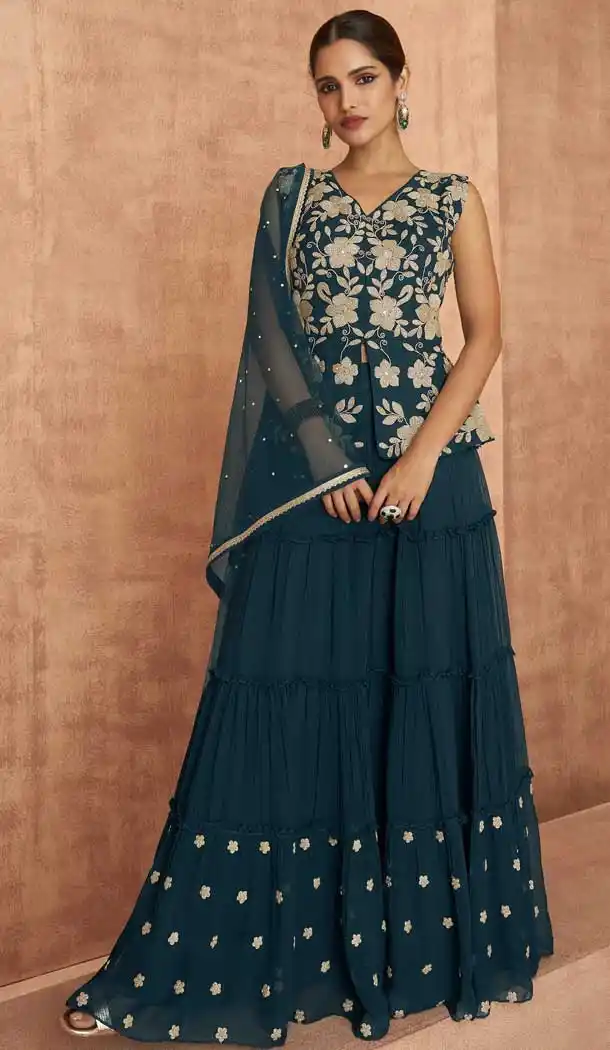 Teal Blue Color Real Georgette Designer Party Wear 3 Pc Readymade Suit -2404138912