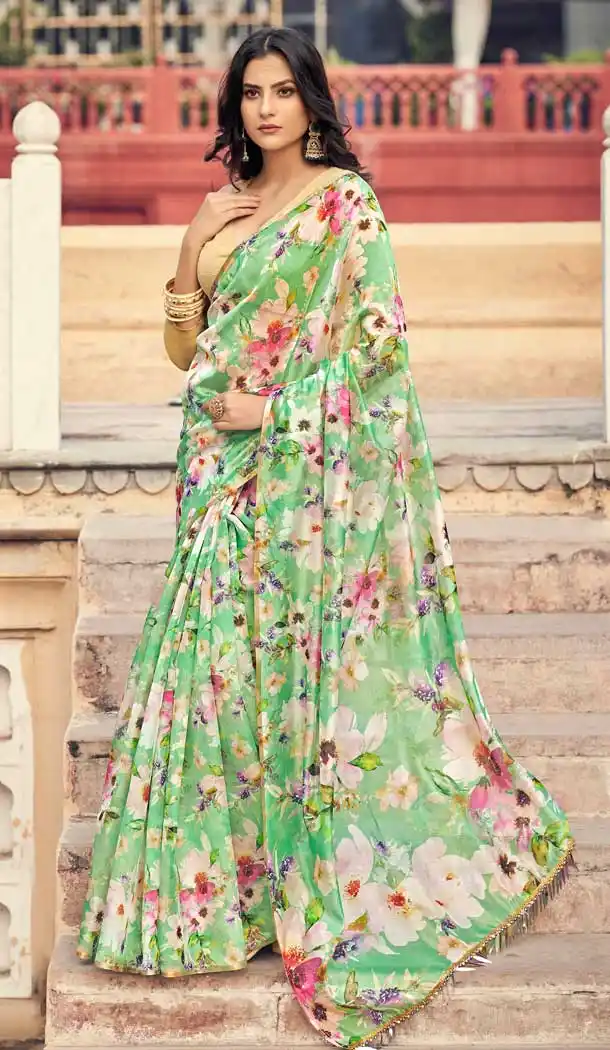 Green Color Organza Digital Printed Casual Wear Fancy Saree Blouse -2416138975
