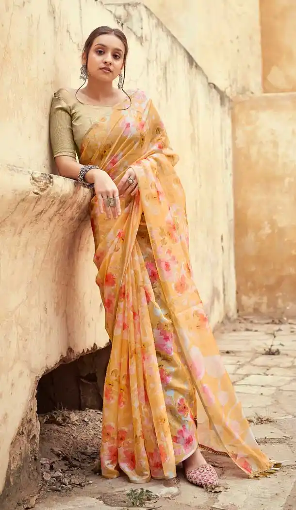 Peach Color Organza Digital Printed Casual Wear Fancy Saree Blouse -2416138976