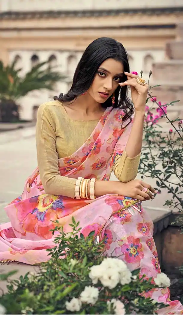 Pretty Peach Color Organza Digital Printed Casual Wear Fancy Saree Blouse -2416138979