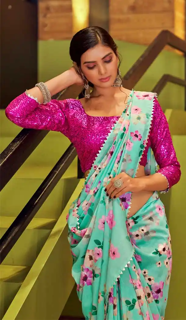Mint Green Color Muslin Silk Party Wear Fancy Digital Printed Saree -2420138994