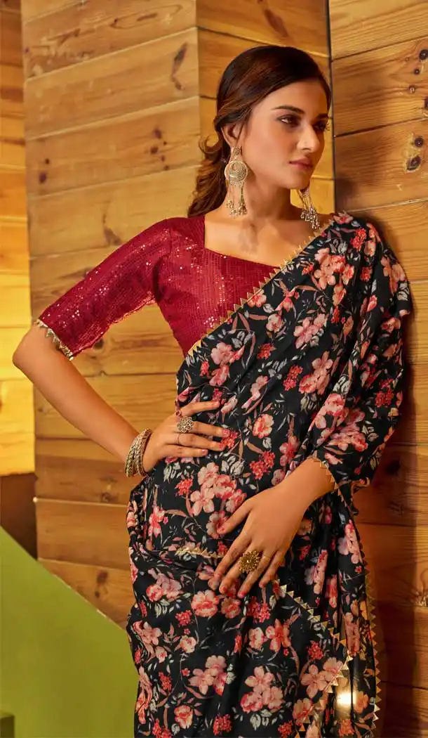 Black Color Muslin Silk Party Wear Fancy Digital Printed Saree -2420138995