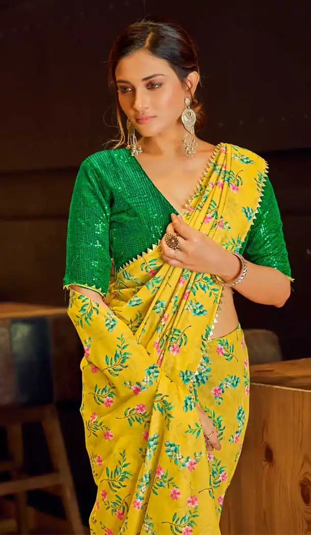 Yellow Color Muslin Silk Party Wear Fancy Digital Printed Saree -2420138996