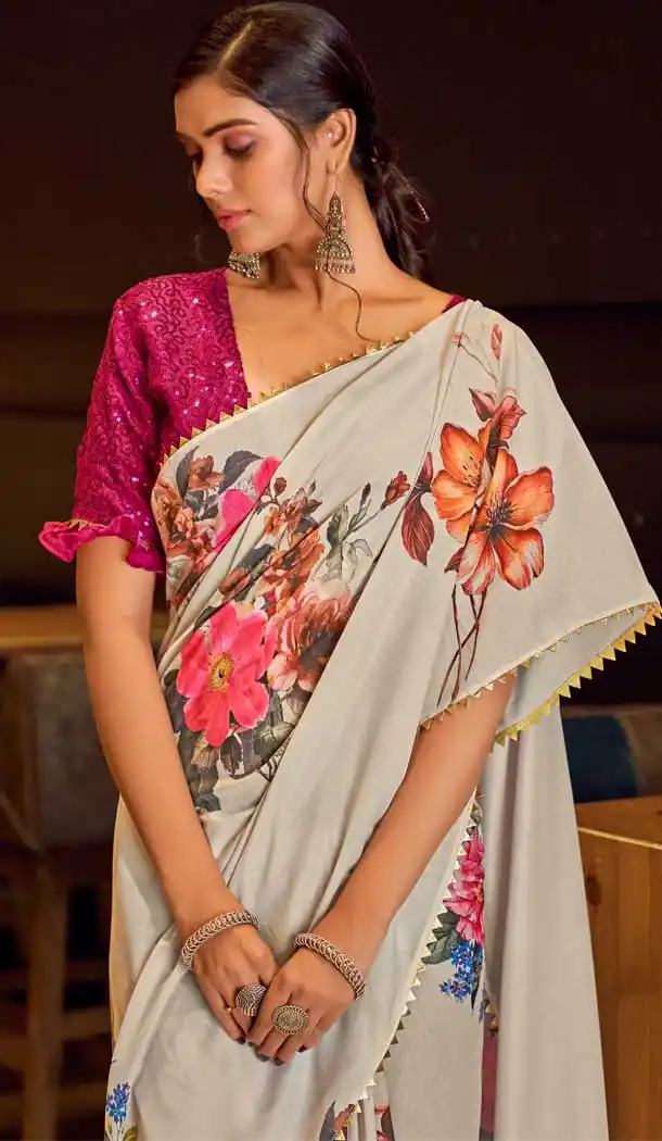 Off White Color Muslin Silk Party Wear Fancy Digital Printed Saree -2420138997