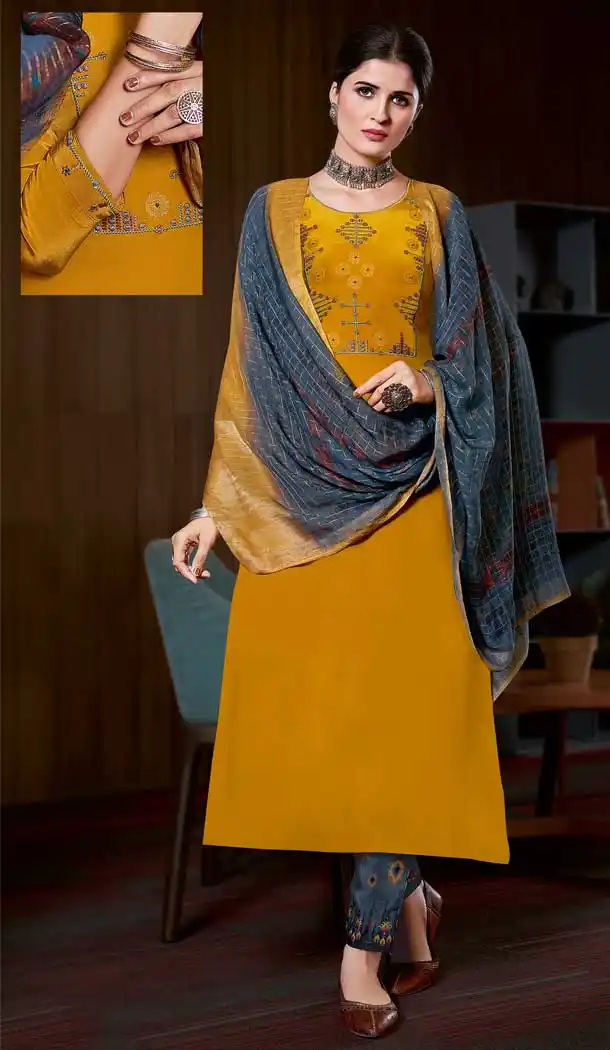 Yellow Color Pure Natural Crape Embroidered Salwar Kameez -2427139028