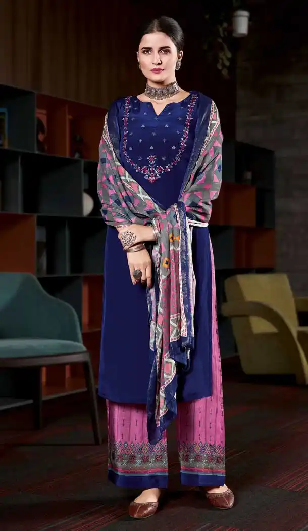 Blue Color Pure Natural Crape Embroidered Salwar Kameez -2427139029