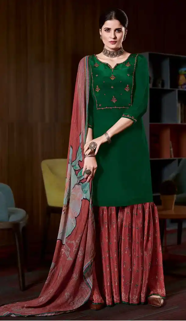 Green Color Pure Natural Crape Embroidered Salwar Kameez -2427139030
