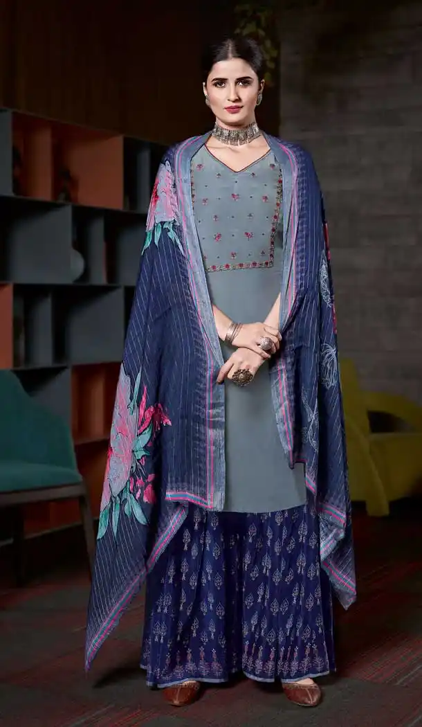 Grey Color Pure Natural Crape Embroidered Salwar Kameez -2427139031