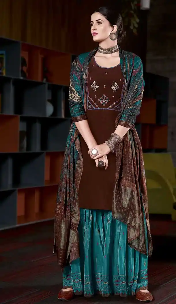 Brown Color Pure Natural Crape Embroidered Salwar Kameez -2427139032