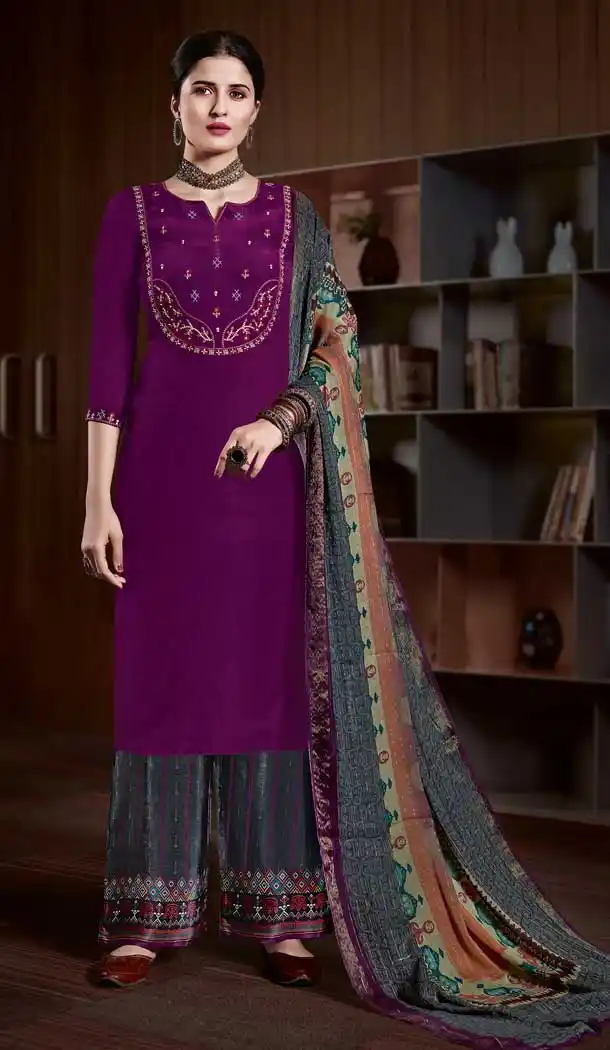 Violet Color Pure Natural Crape Embroidered Salwar Kameez -2427139033