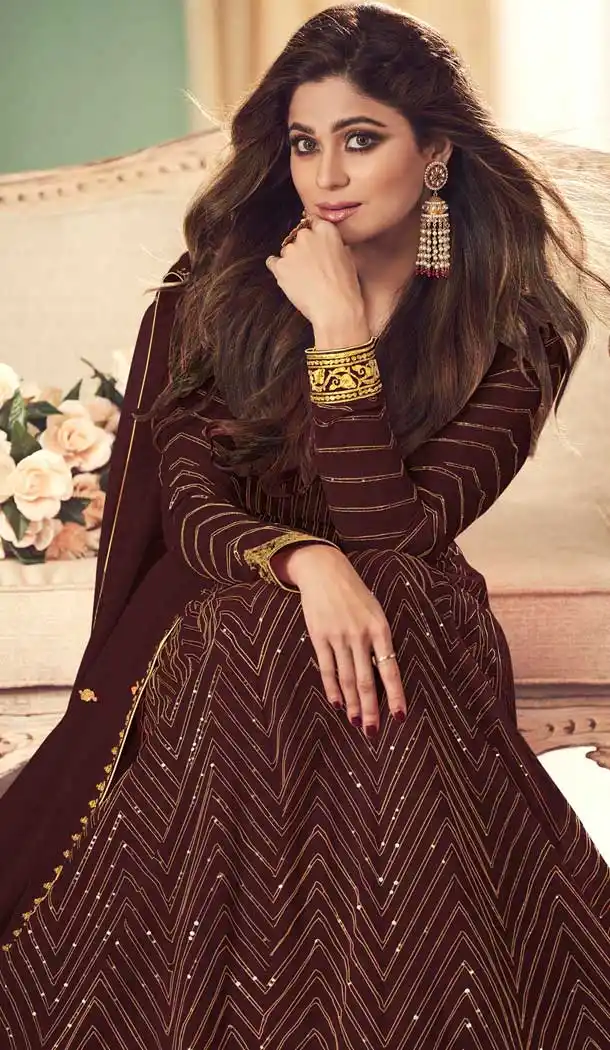 Brown Color Real Georgette Designer Party Wear Aanarkali Salwar Suit -2428139036