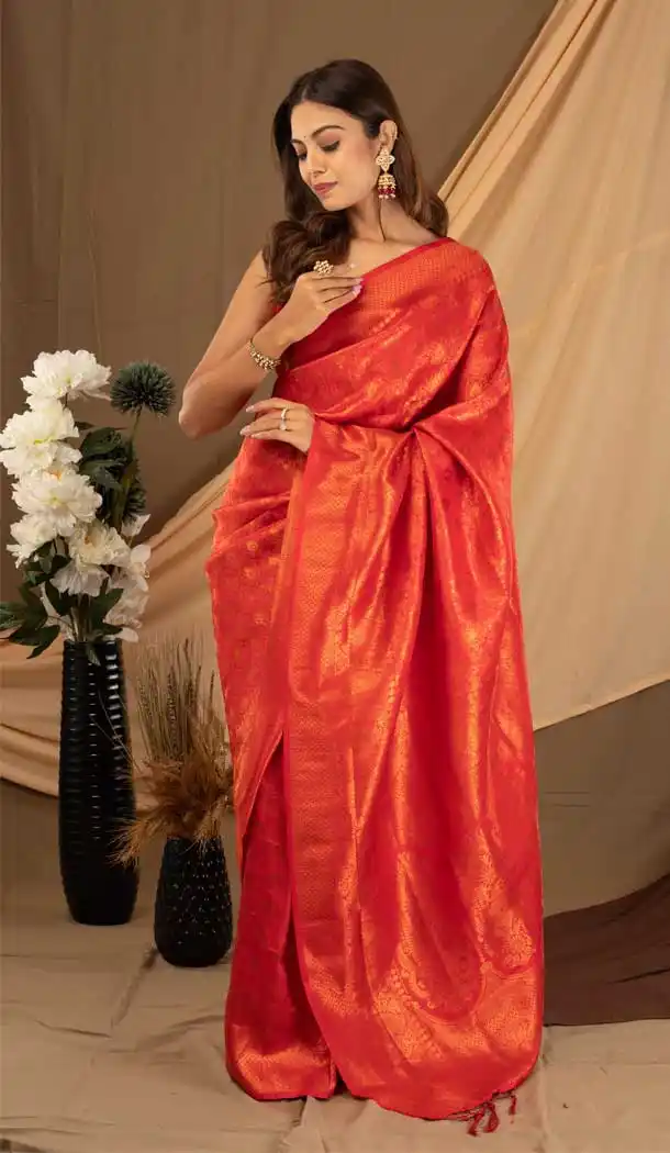 Red Color Softy Copper Casual Evening Party Wear Saree - 2476139453