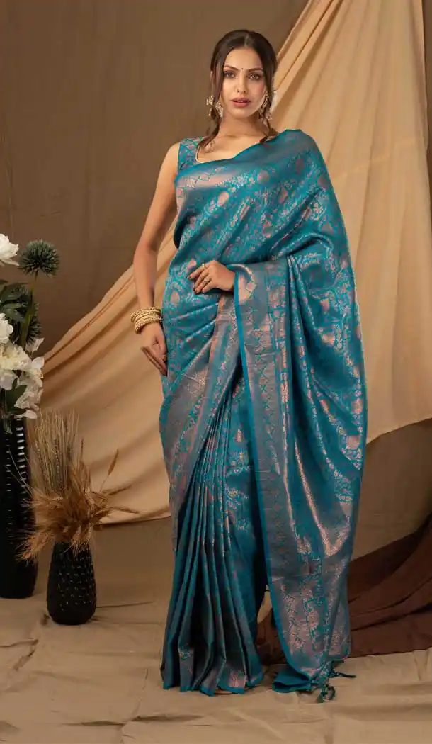 Teal Color Softy Copper Casual Evening Party Wear Saree - 2476139461