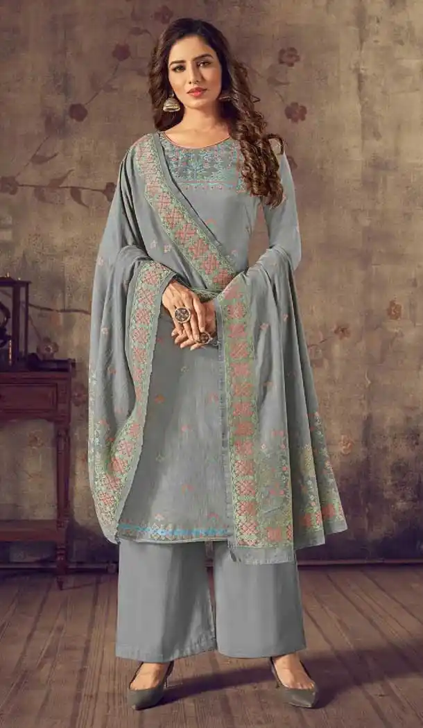 Gray Color Superior Cotton Evening Party Wear Salwar Suit - 2462139366