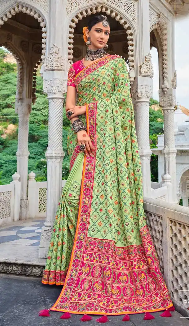 Pista Color Pure Satin Designer Traditional Party Wear Saree - 2478139468