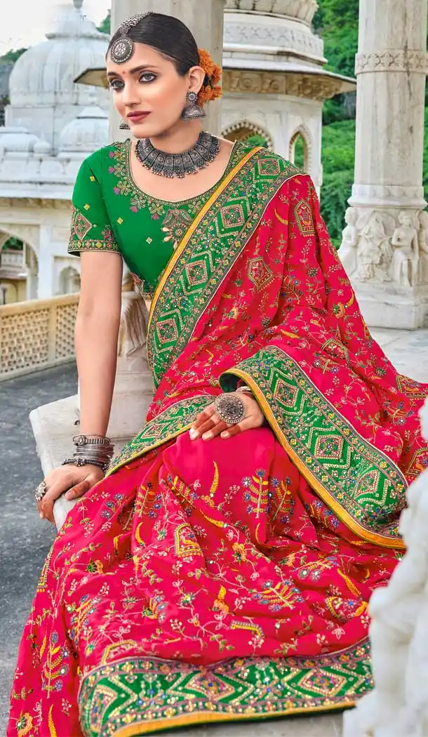 Rani Pink Color Pure Satin Designer Traditional Party Wear Saree - 2478139469