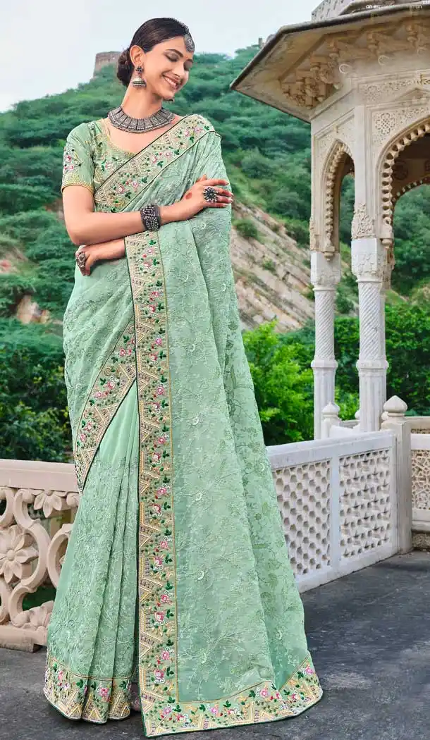 Pista Green Color Pure Organza Designer Traditional Party Wear Saree - 2478139471