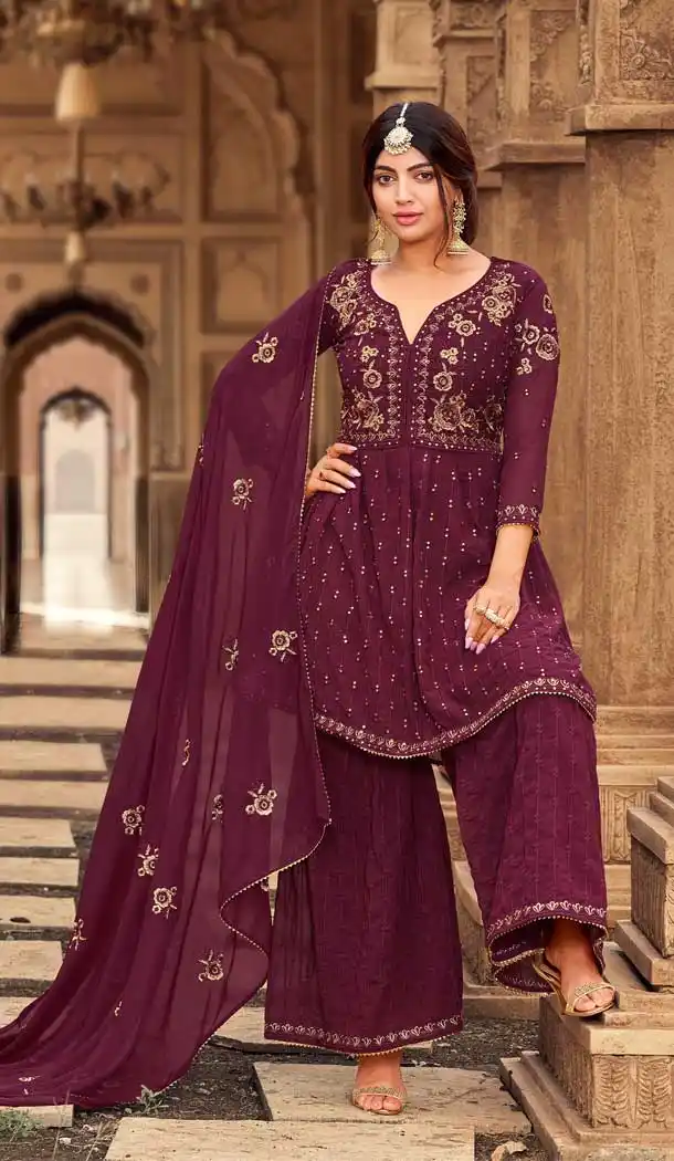 Magenta Color Heavy Georgette Heavy Embroidered Palazzo Suit -2431139065