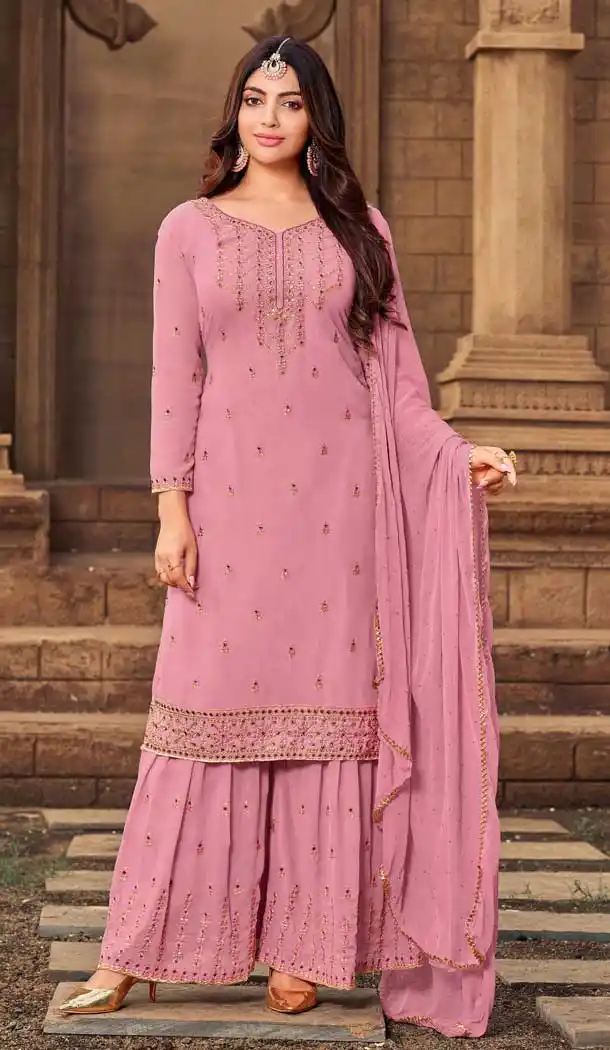 Rose Pink Color Heavy Georgette Heavy Embroidered Palazzo Suit -2431139067