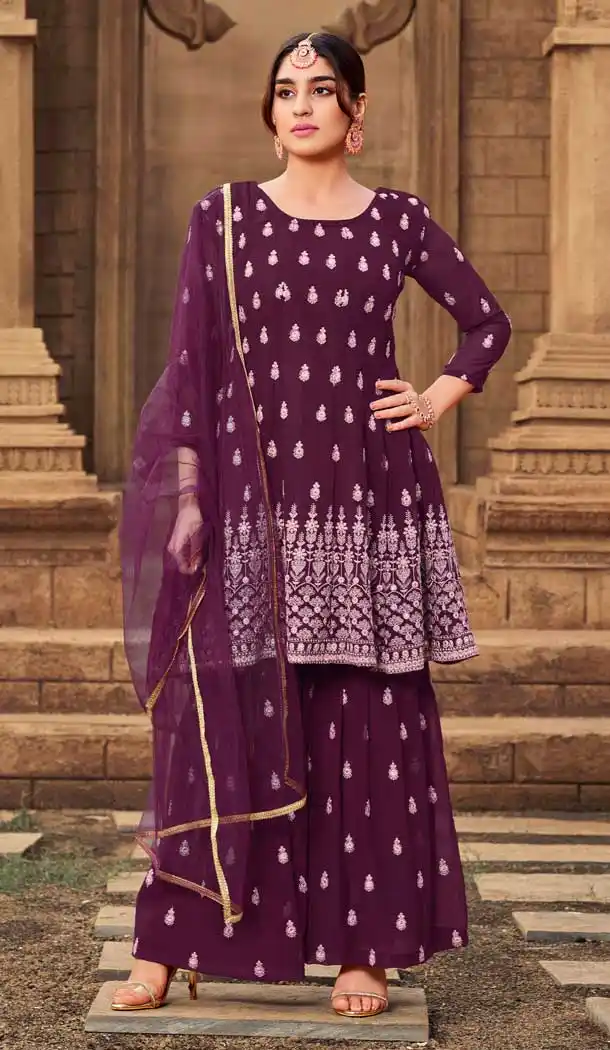 Purple Color Heavy Georgette Heavy Embroidered Palazzo Suit -2431139069
