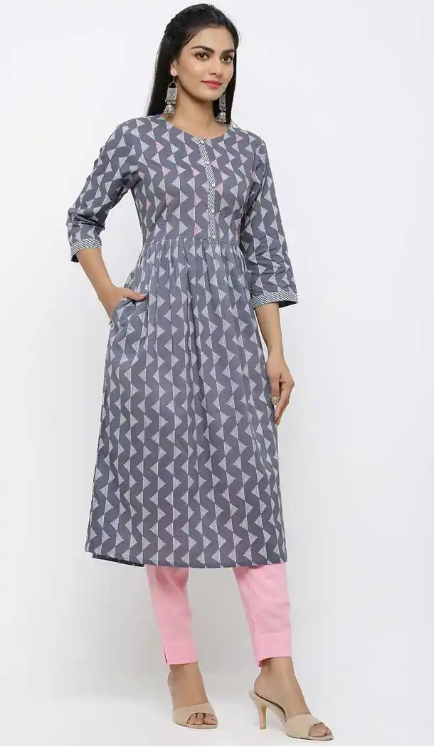 Elegance Grey Color Cotton Casual Wear Readymade Kurti - 2488139555