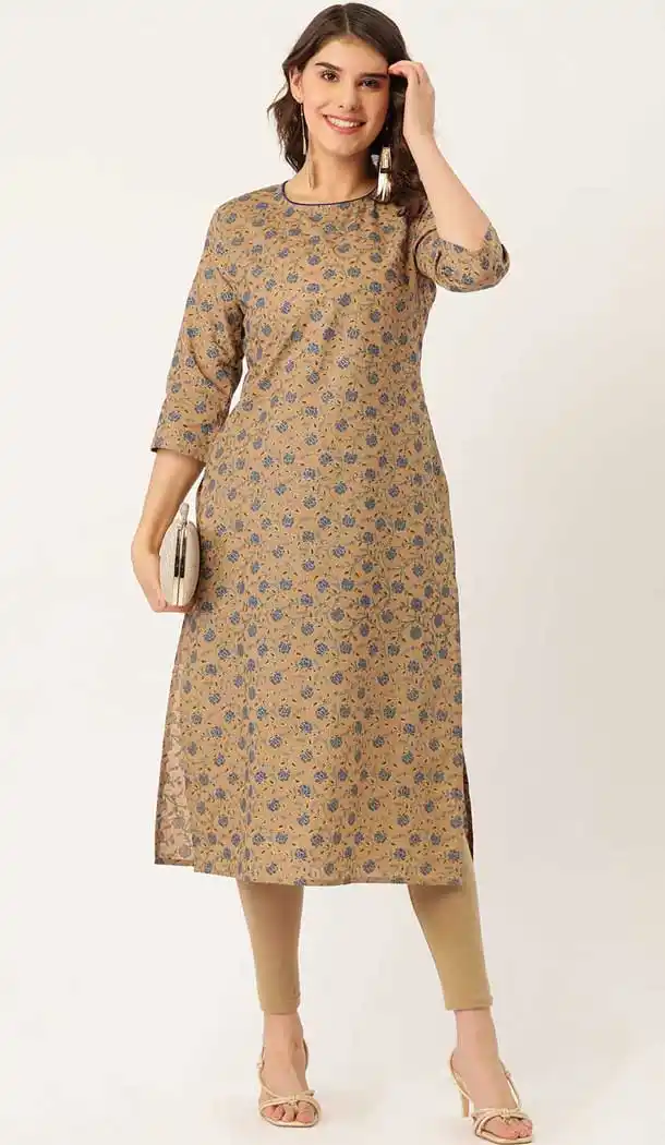 Brown Color Cotton Casual Wear Readymade Kurti - 2488139575