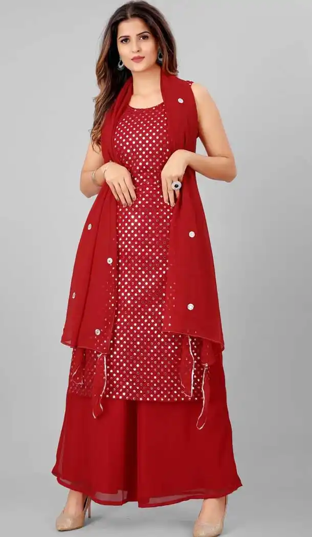 Red Color Georgette Plus Size Casual Wear Sharara Suit - 2489139580