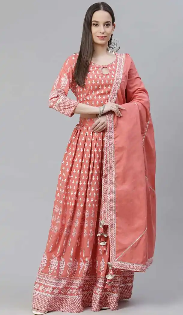 Peachy Pink Color Cotton Plus Size Readymade Party Wear Lehenga Choli - 2492139590