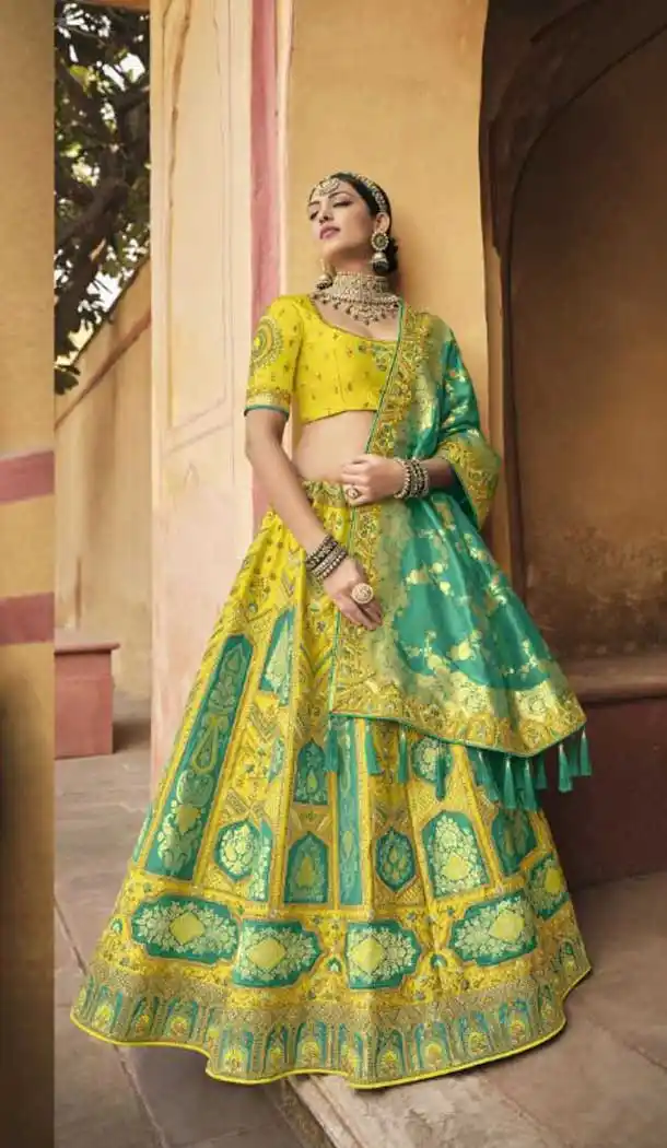 Lime Yellow Color Silk Designer Wedding Wear Lehenga Choli - 2493139600
