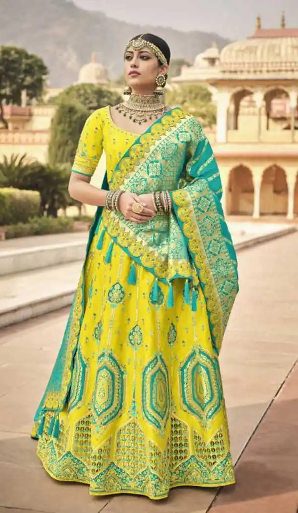 Affluent Lemon Yellow Color Silk Designer Wedding Wear Lehenga Choli - 2493139604