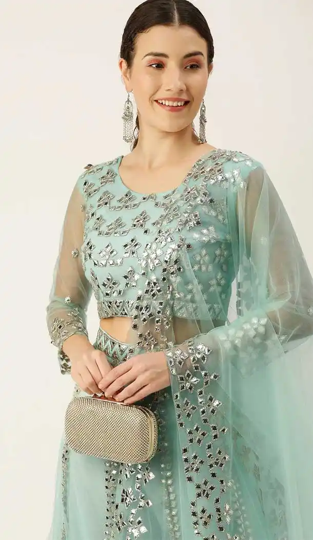 Sky Blue Color Net Designer Party Wear Lehenga Choli - 2501139737