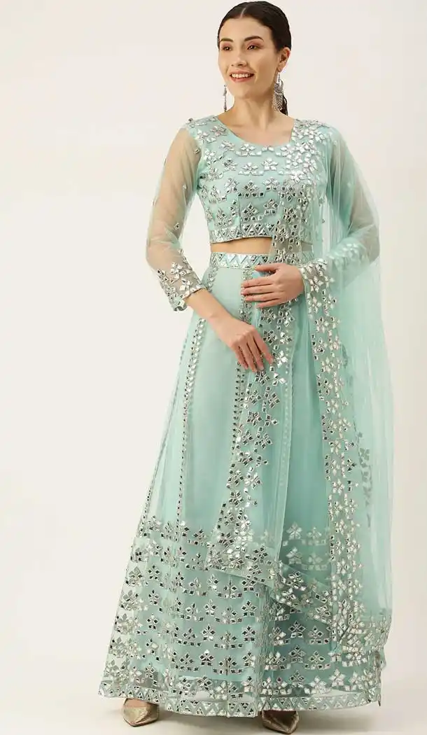 Sky Blue Color Net Designer Party Wear Lehenga Choli - 2501139737