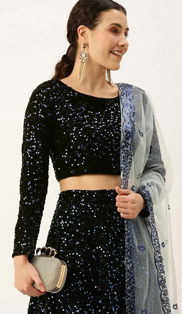 Black Color Velvet Designer Party Wear Lehenga Choli - 2501139739