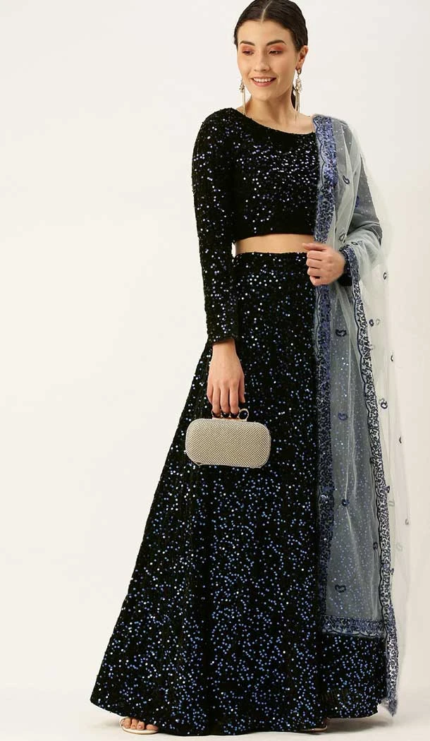 Black Color Velvet Designer Party Wear Lehenga Choli - 2501139739