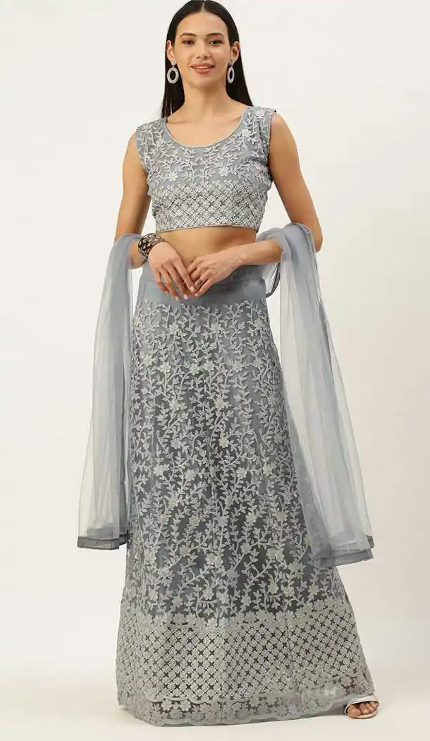 Ash Gray Color Net Designer Party Wear Lehenga Choli - 2504139772