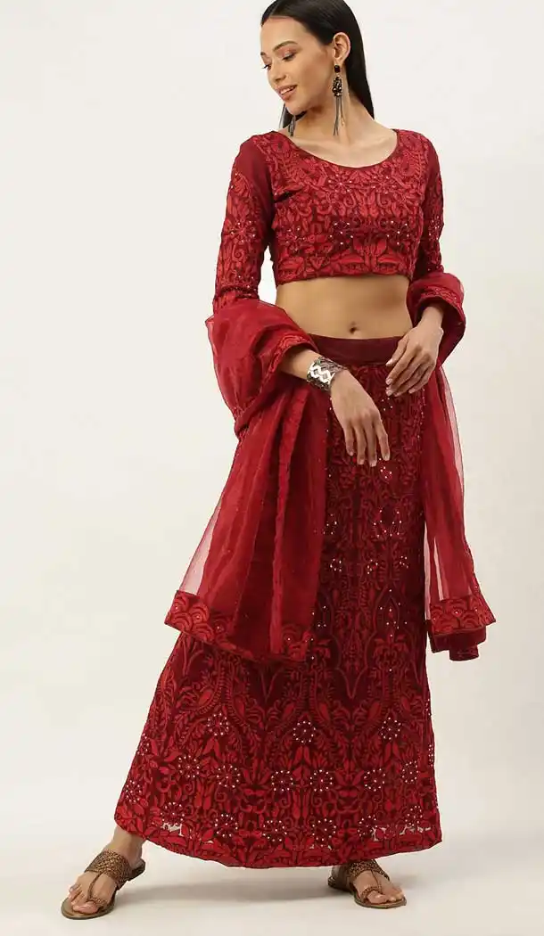 Dark Red Color Net Designer Party Wear Lehenga Choli - 2504139774