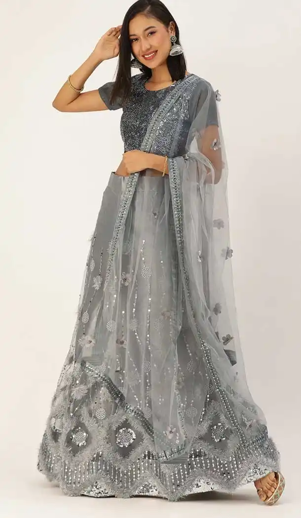 Grey Color Net Designer Party Wear Lehenga Choli - 2504139778
