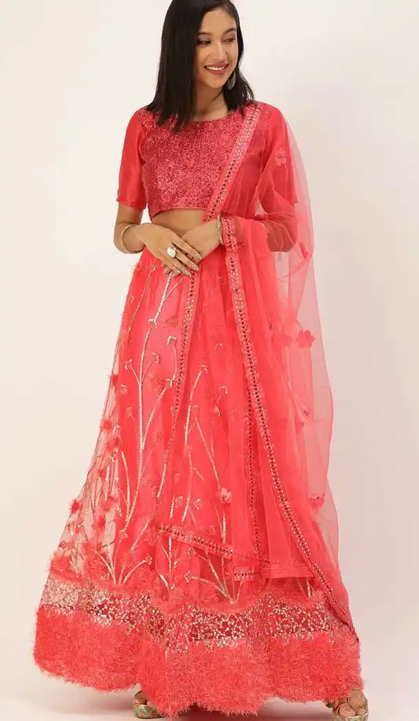 Coral Pink Color Net Designer Party Wear Lehenga Choli - 2504139779