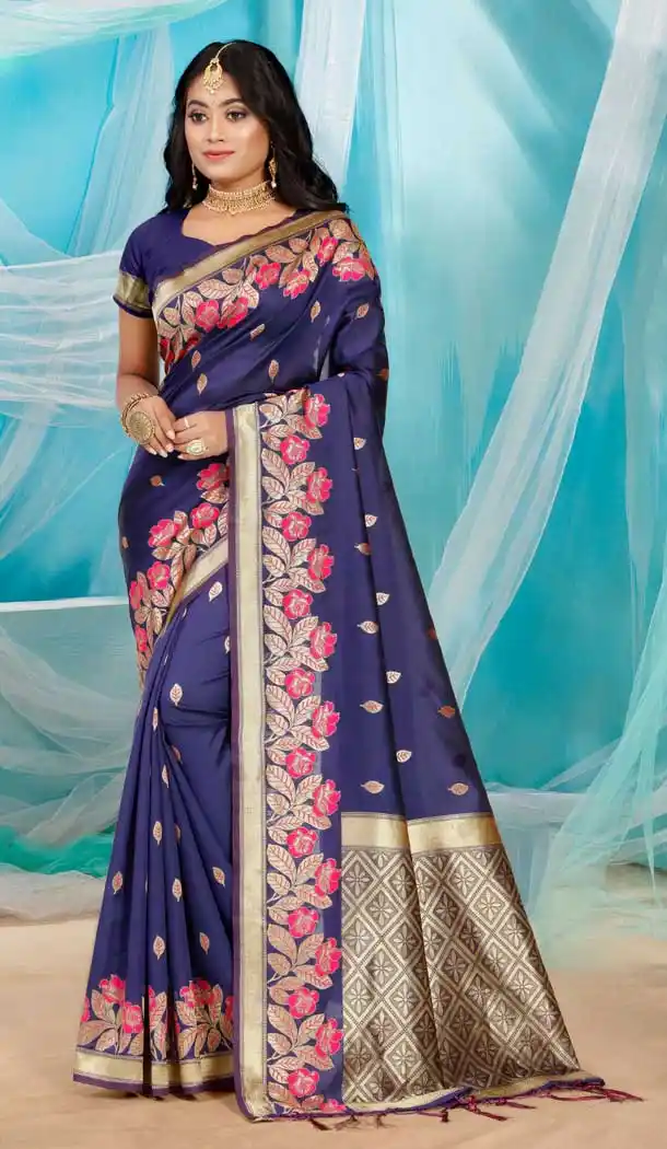 Navy Blue Color Art Silk Traditional Casual Wear Saree Blouse - 2513139874