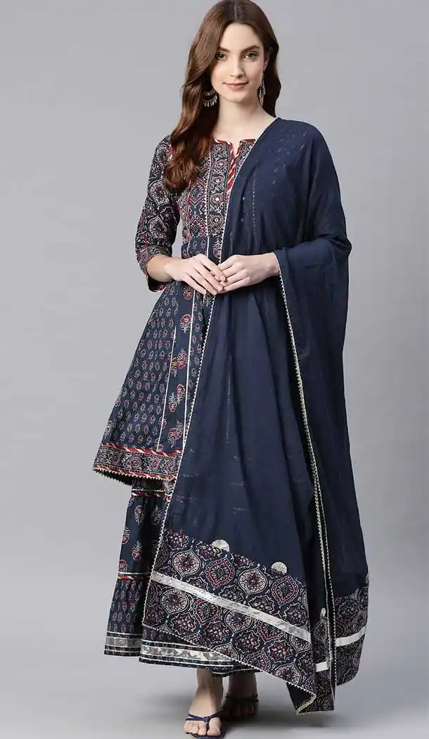 Dark Blue Color Cotton Plus Size Designer Evening Wear Salwar Suit - 2516139890