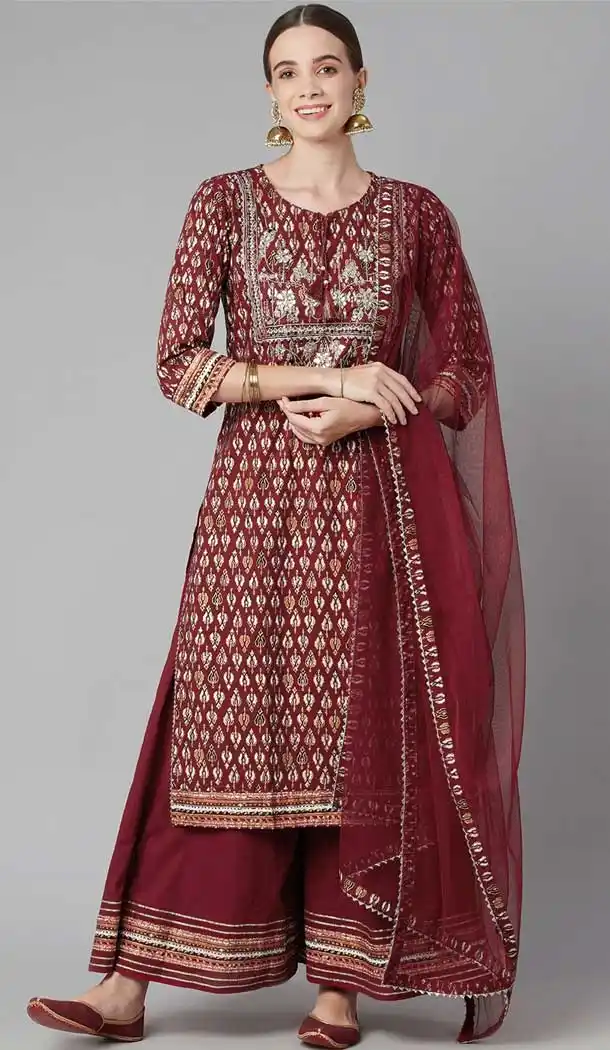 Deep Red Color Cotton Plus Size Designer Evening Wear Salwar Suit - 2516139891