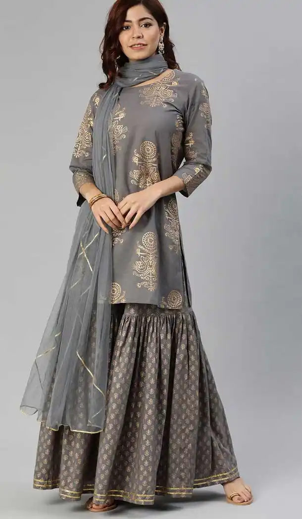 Gray Color Cotton Plus Size Designer Evening Wear Salwar Suit - 2516139896