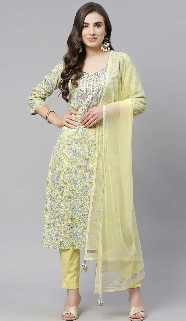 Dull Yellow Cotton Plus Size Designer Evening Wear Salwar Suit - 2516139899