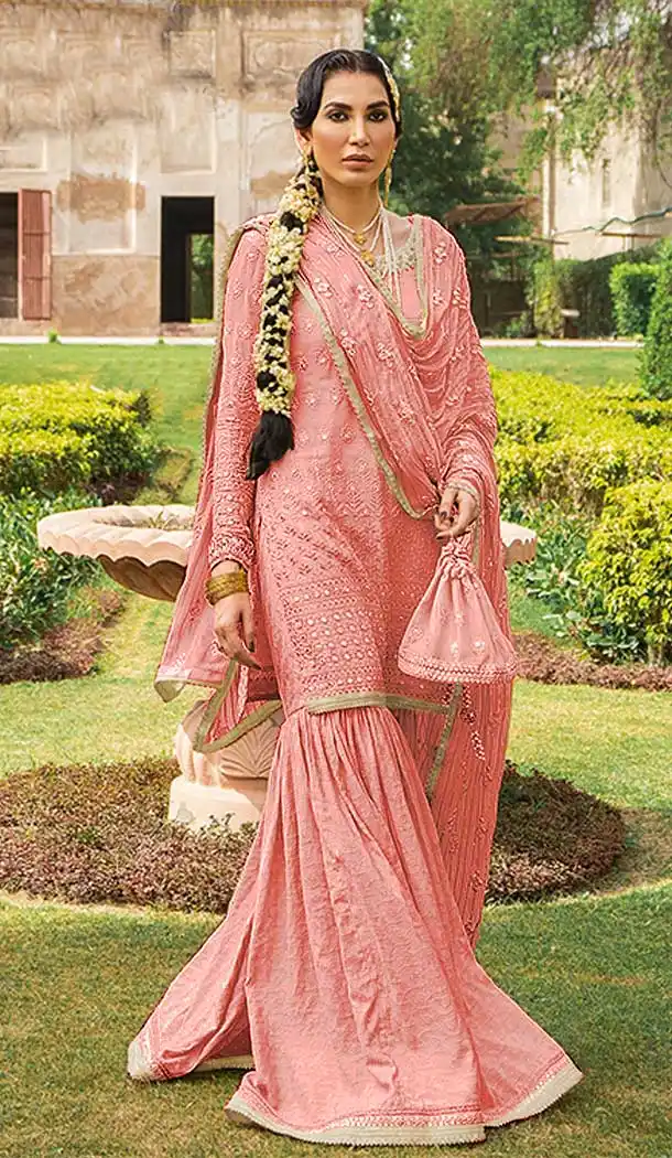 Peach Color Georgette Designer Wedding Wear Sharara Suit - 2530139978