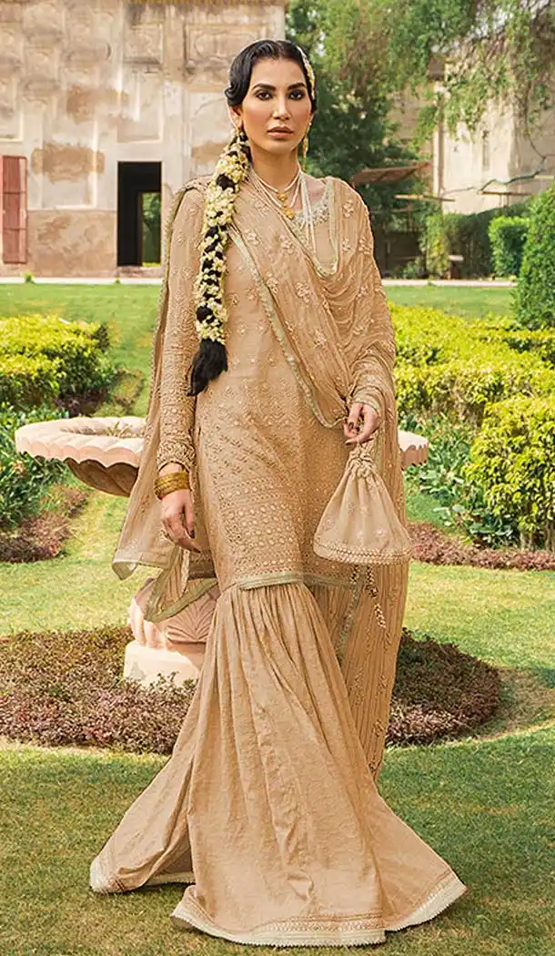 Biege Color Georgette Designer Wedding Wear Sharara Suit - 2530139979
