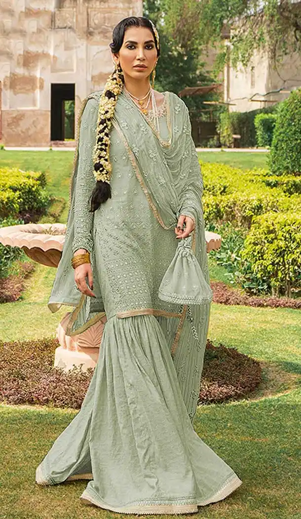 Sage Green Color Georgette Designer Wedding Wear Sharara Suit - 2530139980